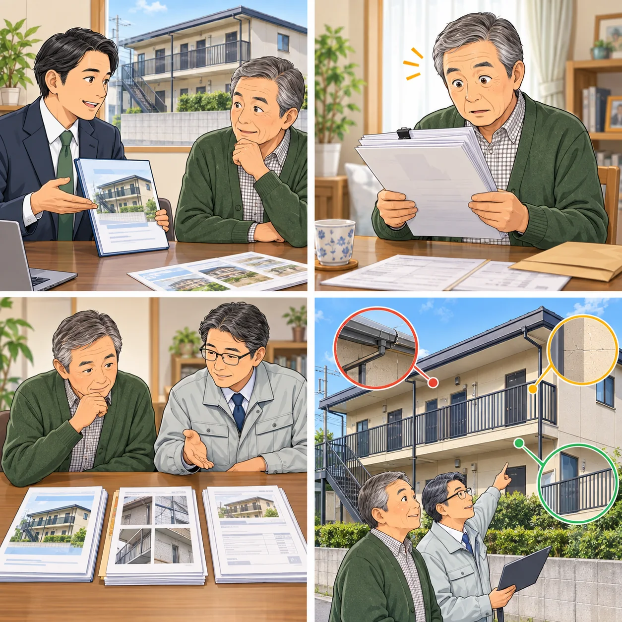 収益物件の購入時説明と現在の修繕見積りを分け、資料と現地を確認する四コマ図