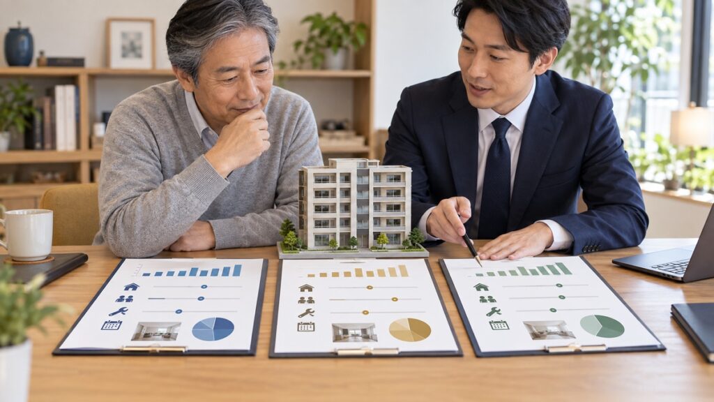 同じ収益物件を異なる前提条件の三つの査定資料で比較するイメージ
