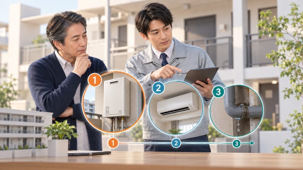 収益物件の複数の設備故障を緊急性と影響範囲で整理するイメージ