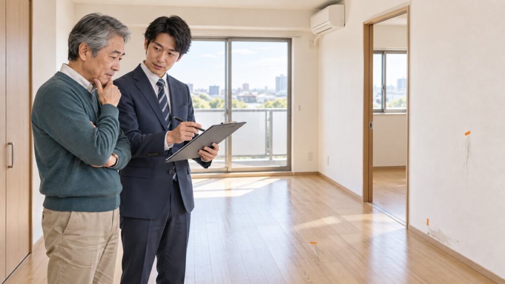 退去後の賃貸住宅で所有者と担当者が修繕箇所と見積りを確認するイメージ