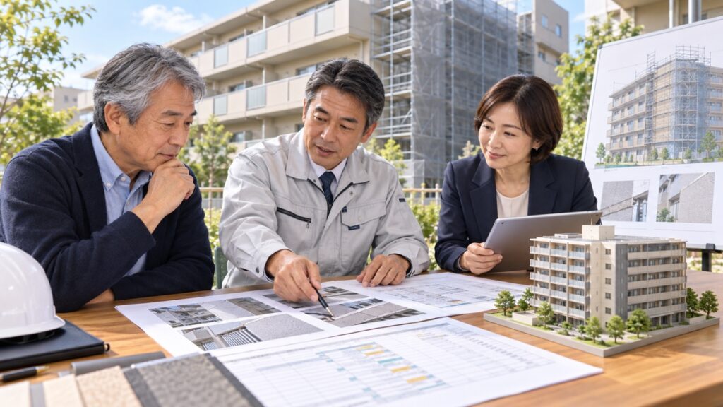 収益物件の所有者と専門家が大規模修繕の調査写真・工事範囲・見積りを確認するイメージ