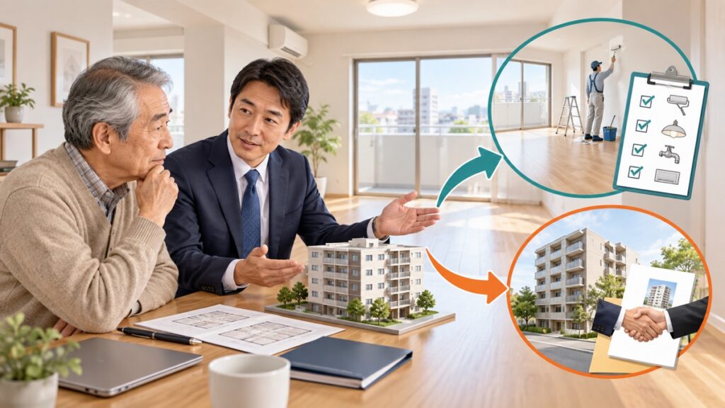 空室の収益物件について修繕・募集してから売る案と空室のまま売る案を比較するイメージ