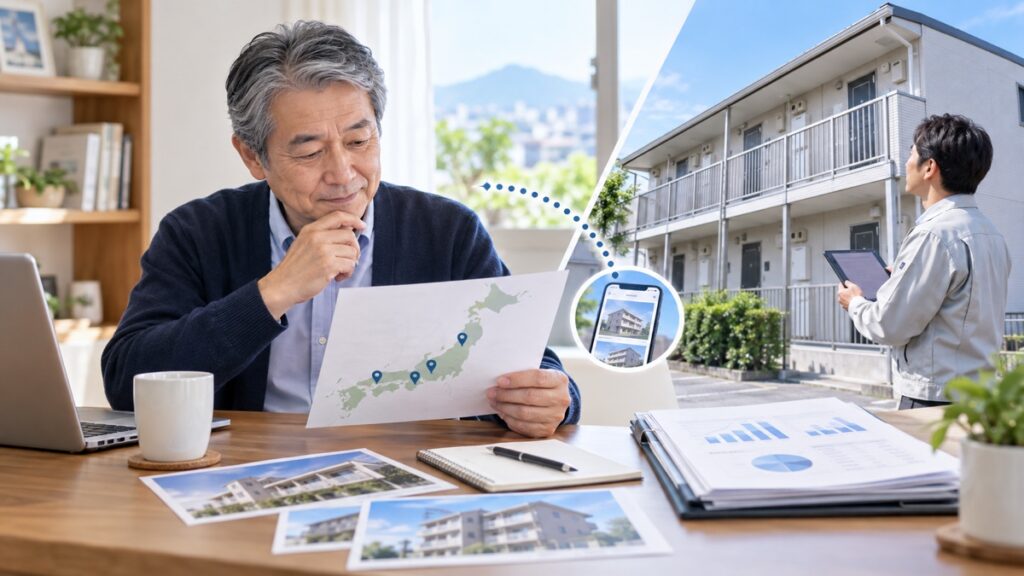 遠方の収益物件について現地確認と管理負担を整理する所有者のイメージ