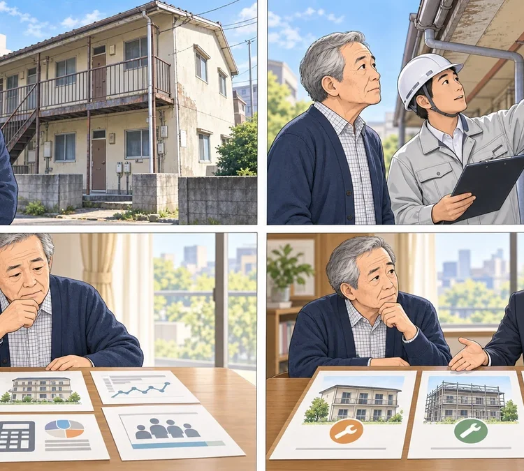 一宮市の古いアパートについて修繕・収支・管理負担を確認し保有と売却を比較する四コマ図