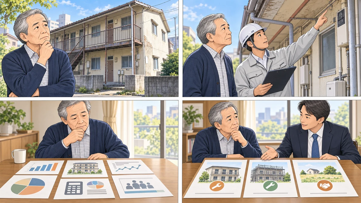 一宮市の古いアパートについて修繕・収支・管理負担を確認し保有と売却を比較する四コマ図