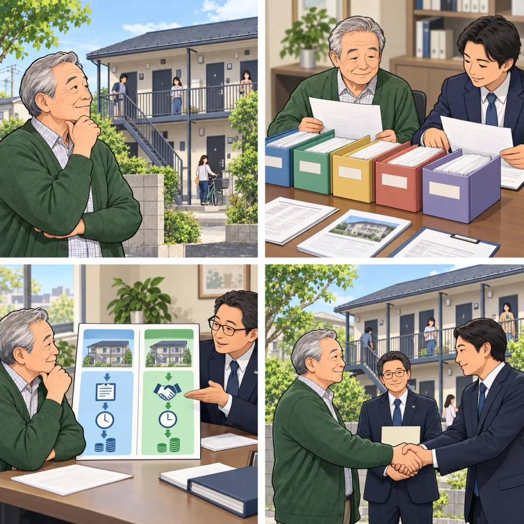 入居中の収益物件について、契約・入金・修繕資料を整理し、売却条件と引継ぎを確認する四コマ図