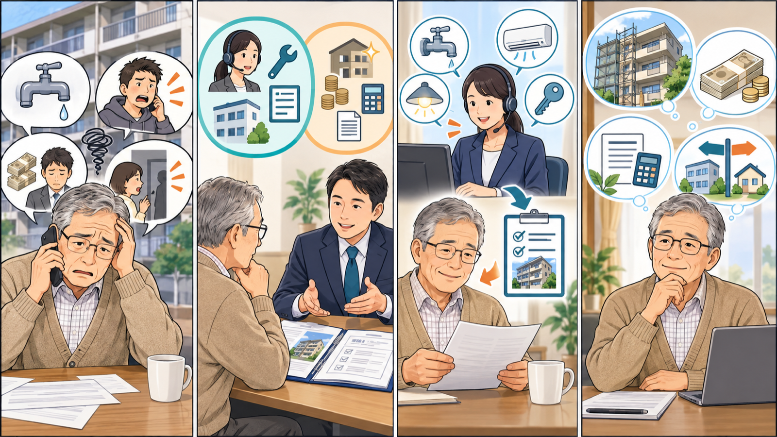 管理会社変更で改善する業務と所有者に残る判断を整理する四コマ図