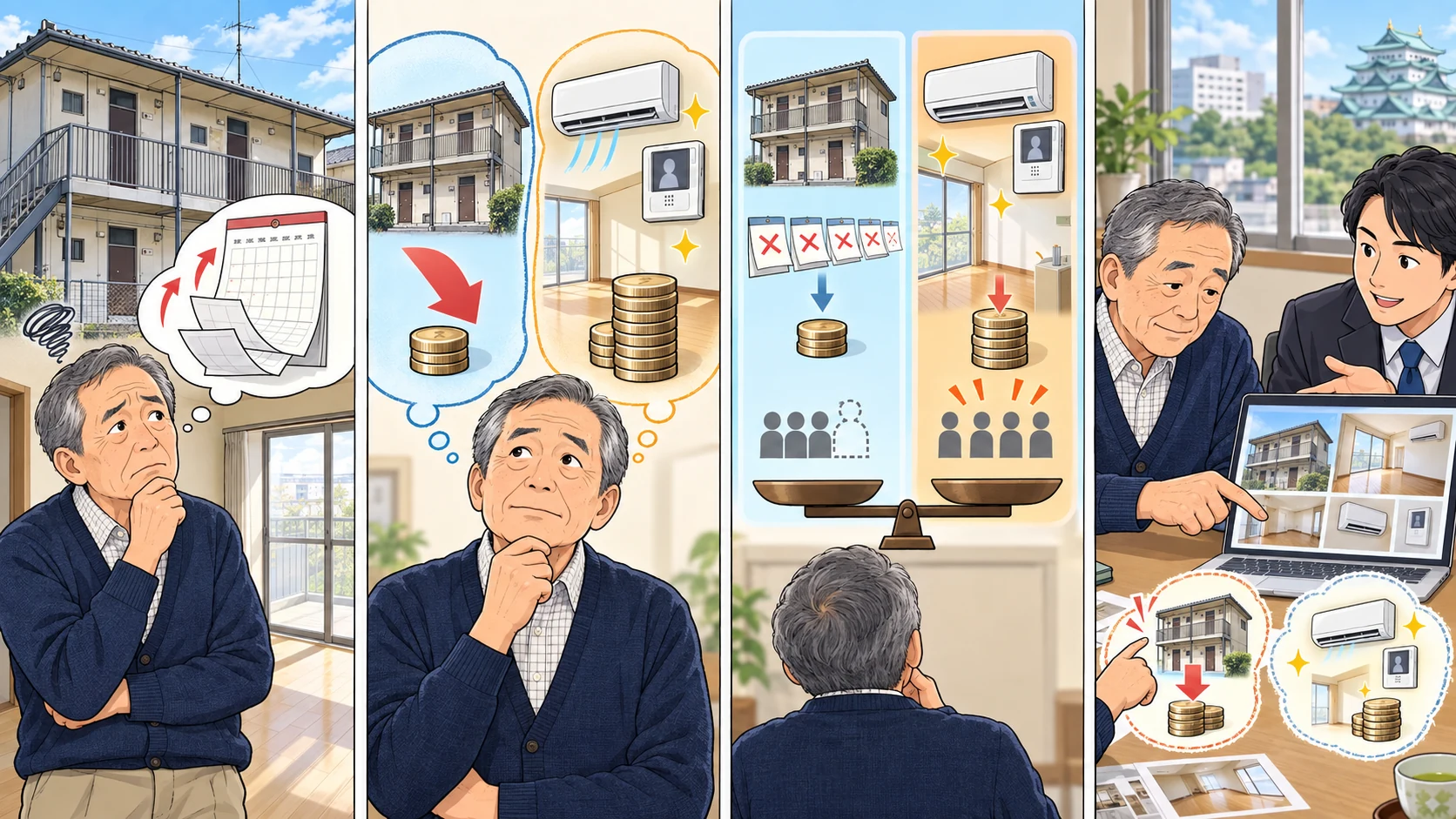 空室が続くアパートで、家賃値下げと設備投資の費用・収入を比べて相談する四コマ図