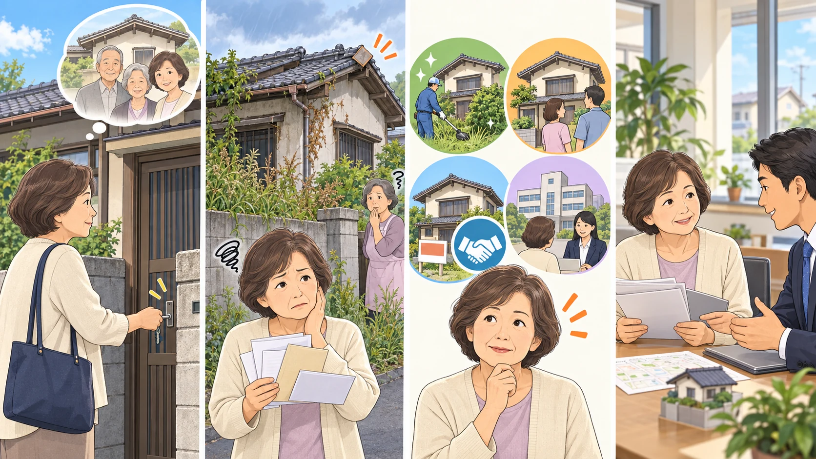 一宮市の空き家を相続した女性が、管理・活用・売却の選択肢を整理して相談する四コマ図