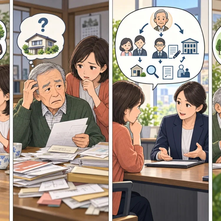 元気なうちに家族で不動産の希望を話し合い、選択肢を整理する大切さを伝える四コマ漫画