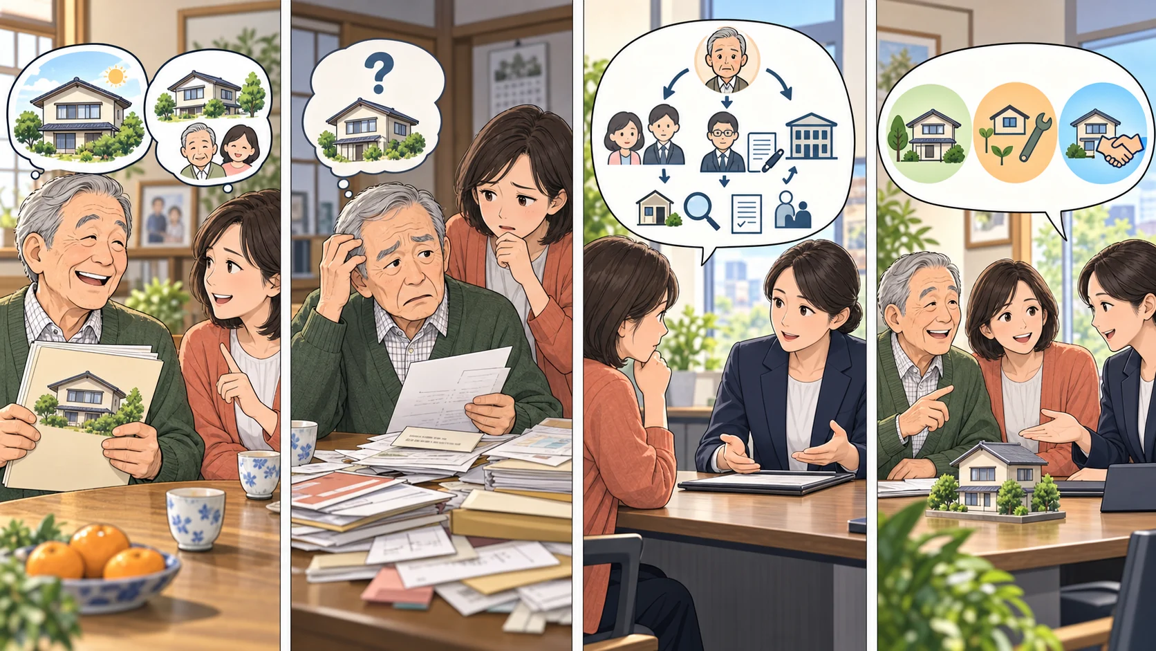元気なうちに家族で不動産の希望を話し合い、選択肢を整理する大切さを伝える四コマ漫画