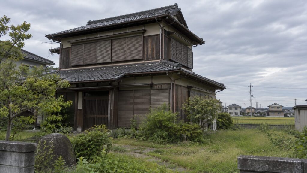 古い木造二階建ての家の外観。庭の草が伸び、雨戸が閉まっている