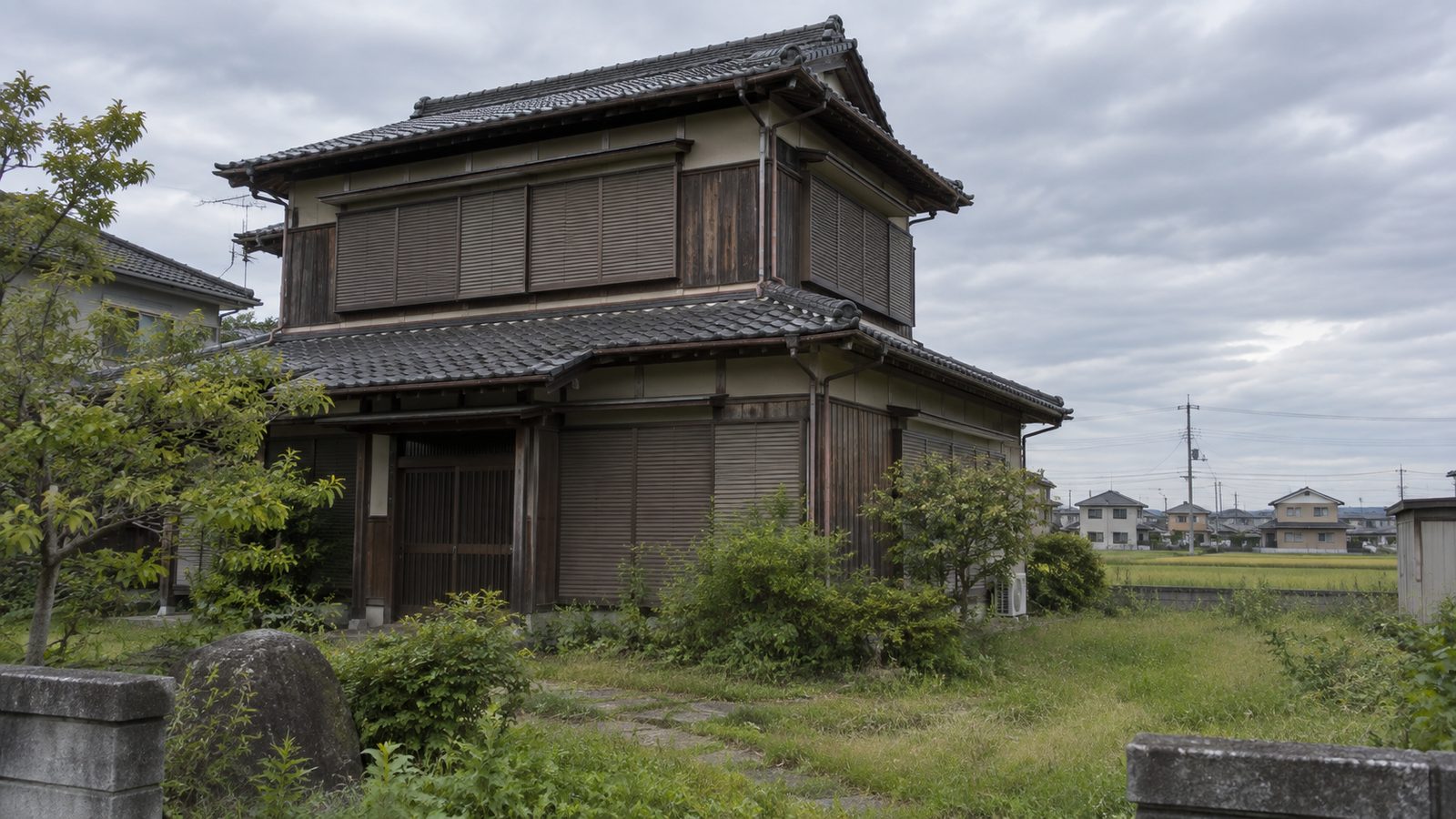 古い木造二階建ての家の外観。庭の草が伸び、雨戸が閉まっている
