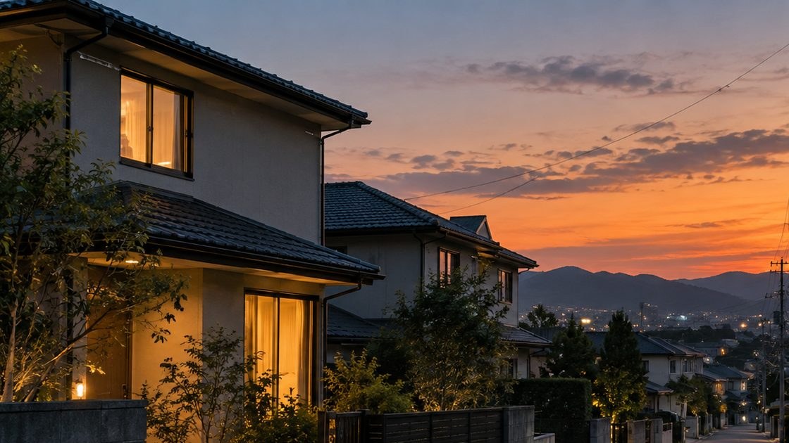 夕暮れの住宅街に建つ二階建ての一戸建て