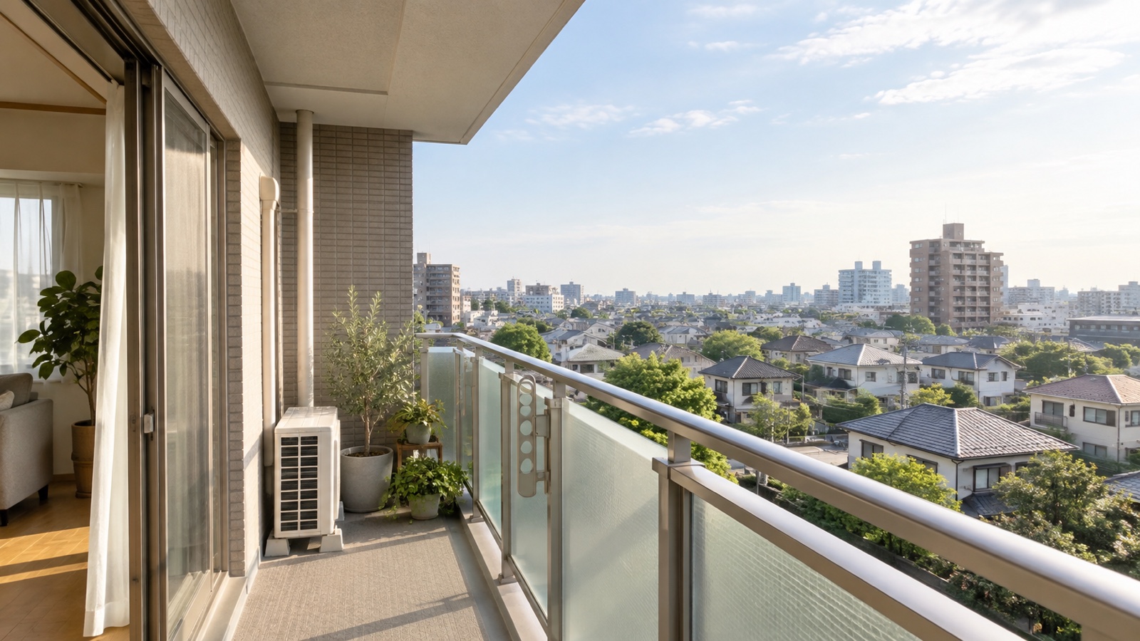 マンションのバルコニーから住宅街を望む様子