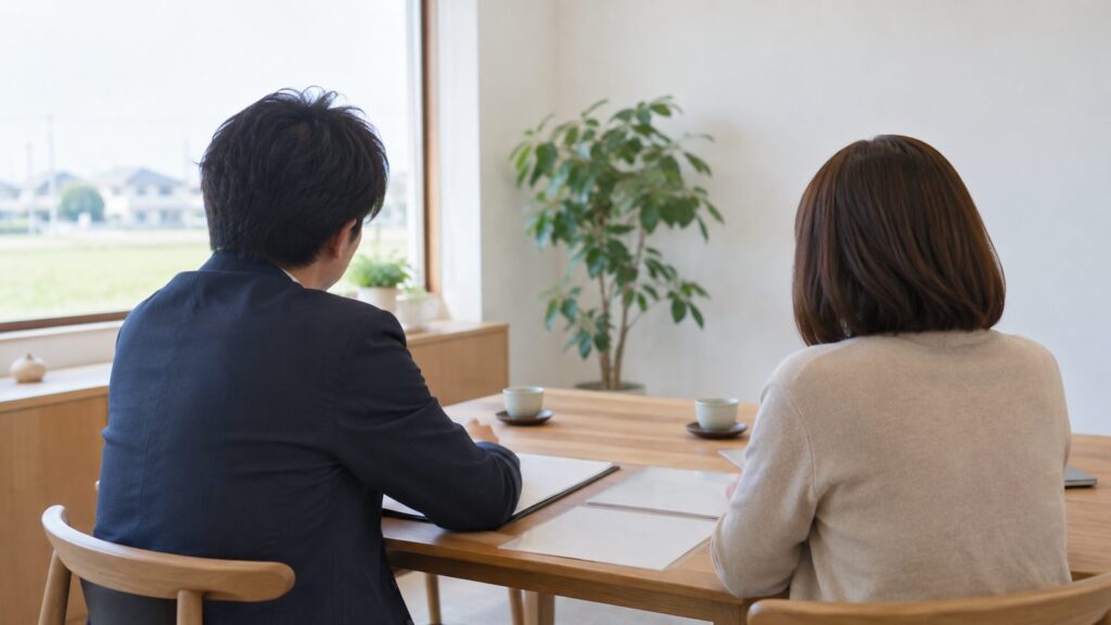 相談室で向かい合って話をしている場面