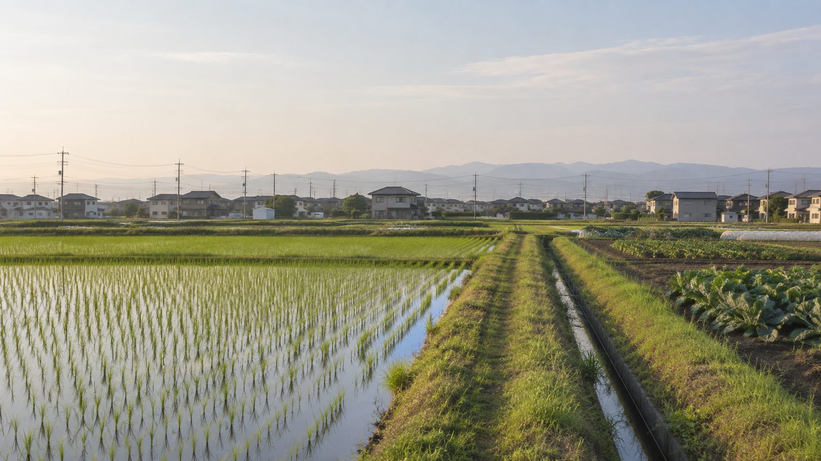 田んぼと畑が並ぶ平地。奥に住宅が見える