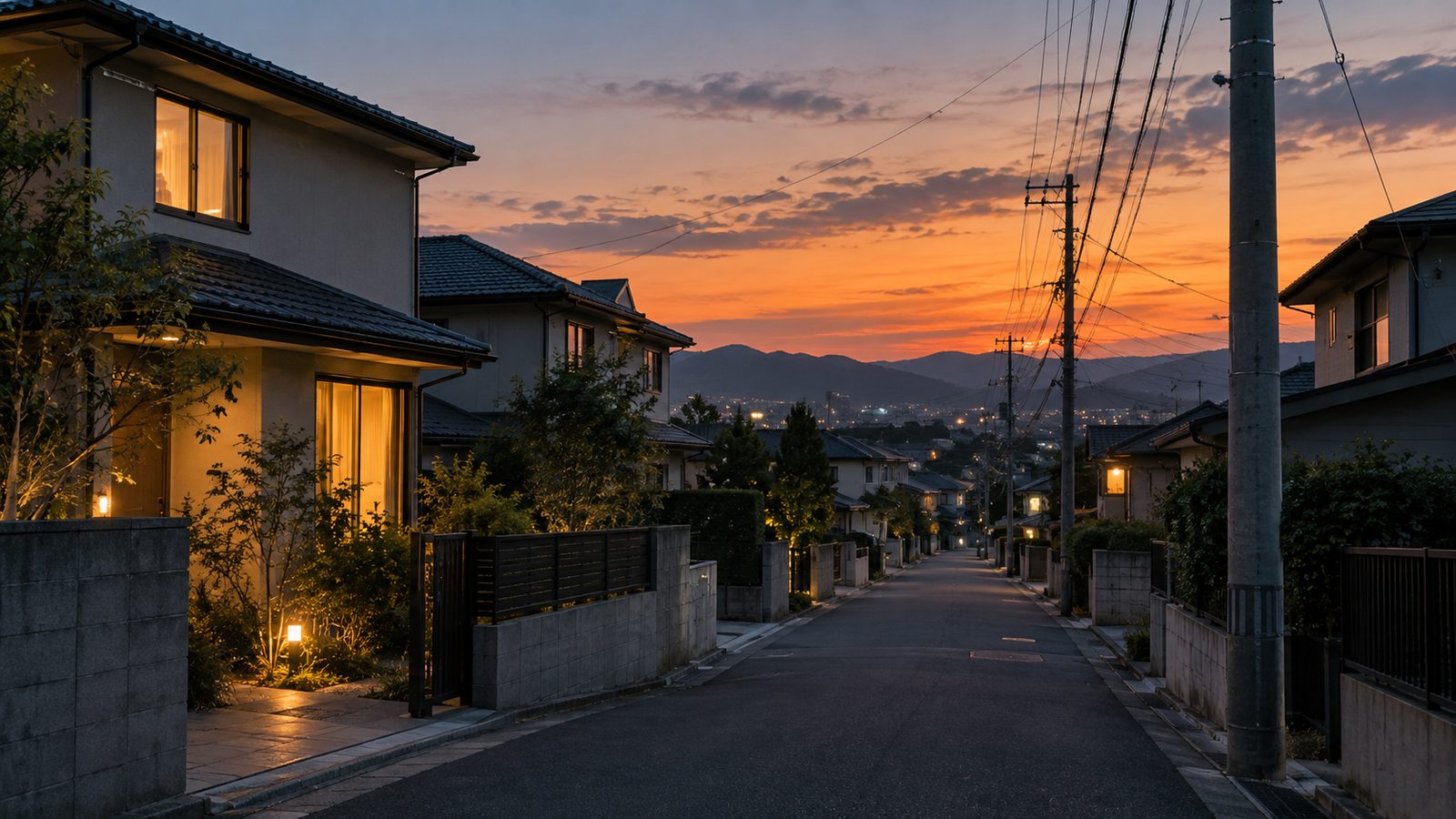 夕暮れの住宅街。家々に明かりがともっている
