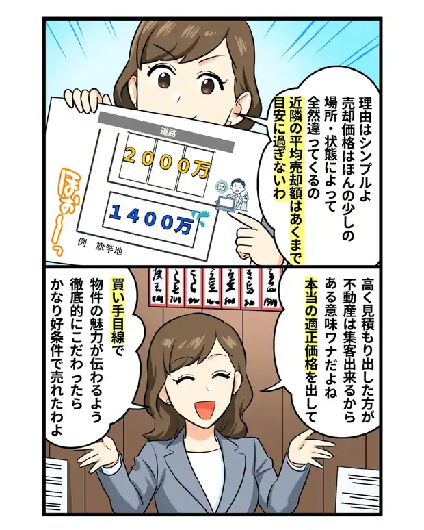 マンガ第3話：売却価格は場所・状態で全然違う。近隣の平均売却額はあくまで目安。高い見積もりは集客のためのワナで、本当の適正価格を出して買い手目線で物件の魅力を伝えることが大切