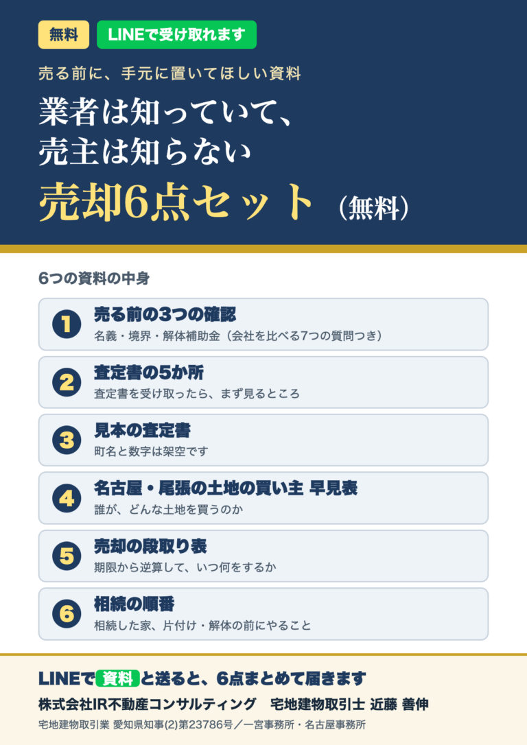 業者は知っていて、売主は知らない 売却6点セット（無料）の表紙。①売る前の3つの確認 ②査定書の5か所 ③見本の査定書 ④名古屋・尾張の土地の買い主 早見表 ⑤売却の段取り表 ⑥相続の順番。LINEで「資料」と送ると6点まとめて届きます