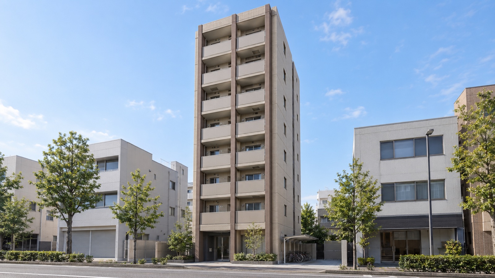 小さなバルコニーが縦に並ぶ都市型ワンルームマンションの外観イメージ
